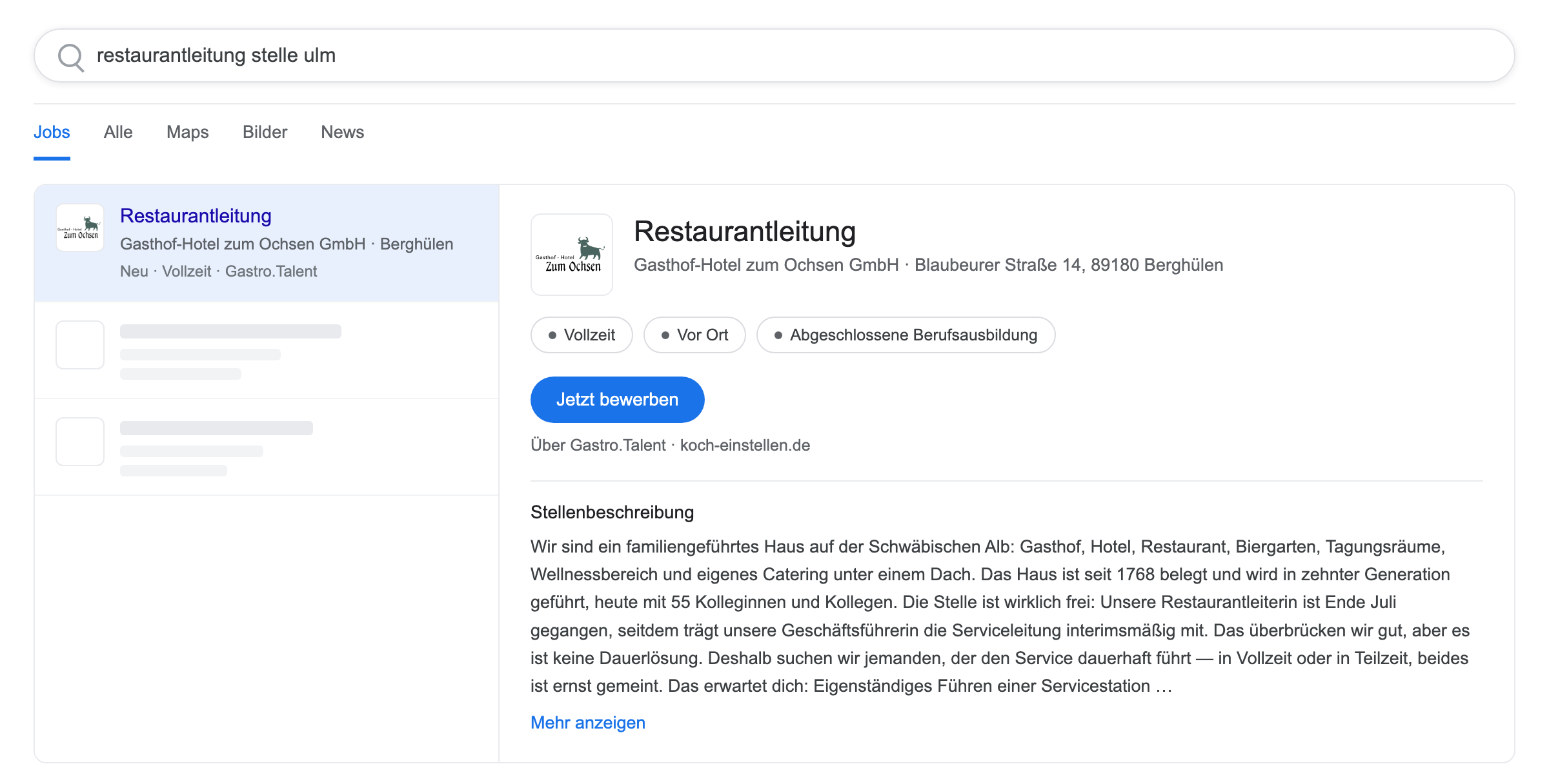 Die Stelle in der Google-Jobsuche